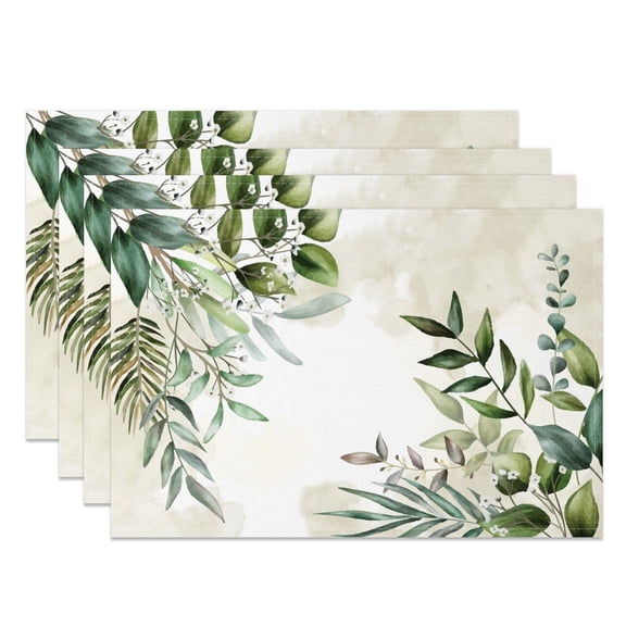 MIZHONA Spring Plants Leaves Placemats Set of 4,Botanic Linen Table Mats for Dining Table Decorations 12"Wx18"L in