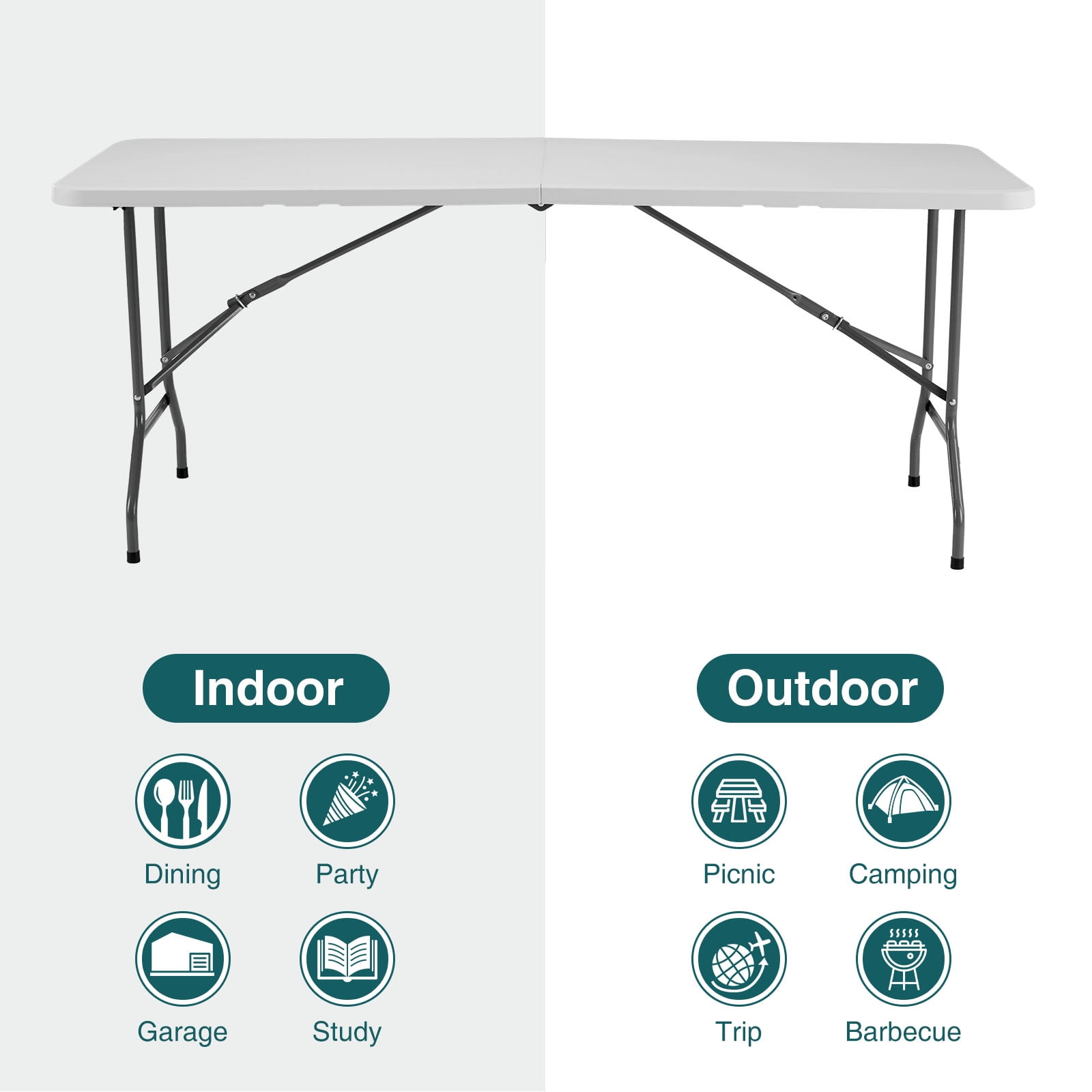 Hommoo 6ft Plastic Folding Table, Indoor Outdoor Portable Picnic Table for Home Office Party Picnic, with Lock, White