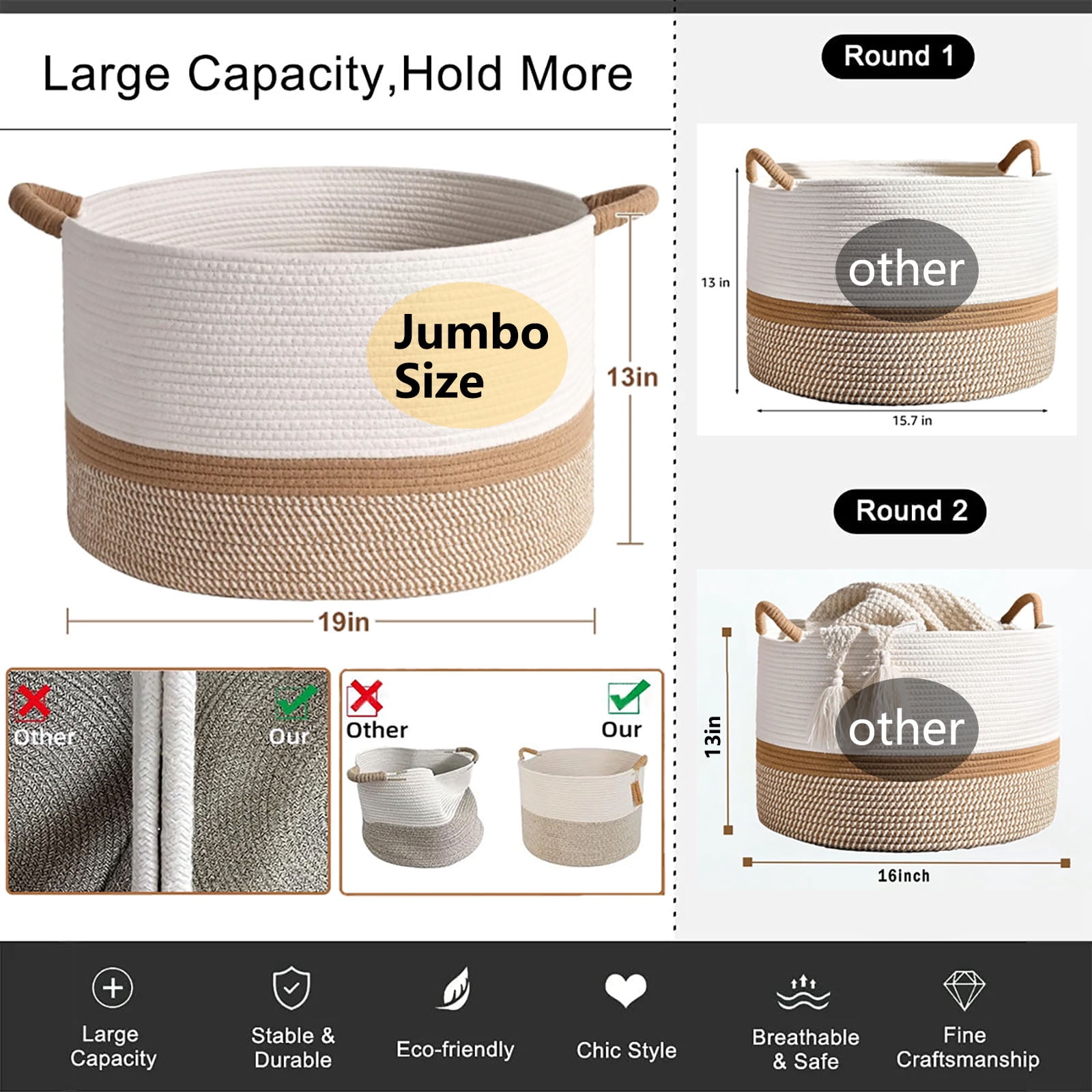 Large Blanket Basket （21“x13”）,75L Storage Basket for Organizing, Dog Toy Bin,baby laundry basket,Cotton Rope Blanket Basket for Living Room