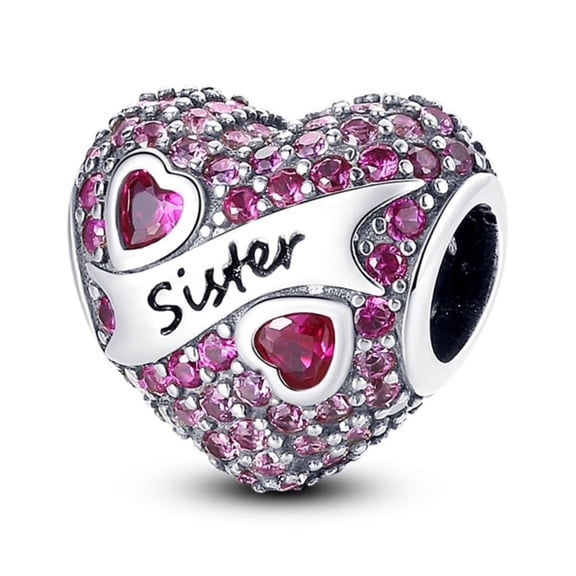 925 Sterling Silver Charm for Bracelets Women Silver Sister Heart Stone Paved Heart Charm Necklace Pendant Girl Gifts