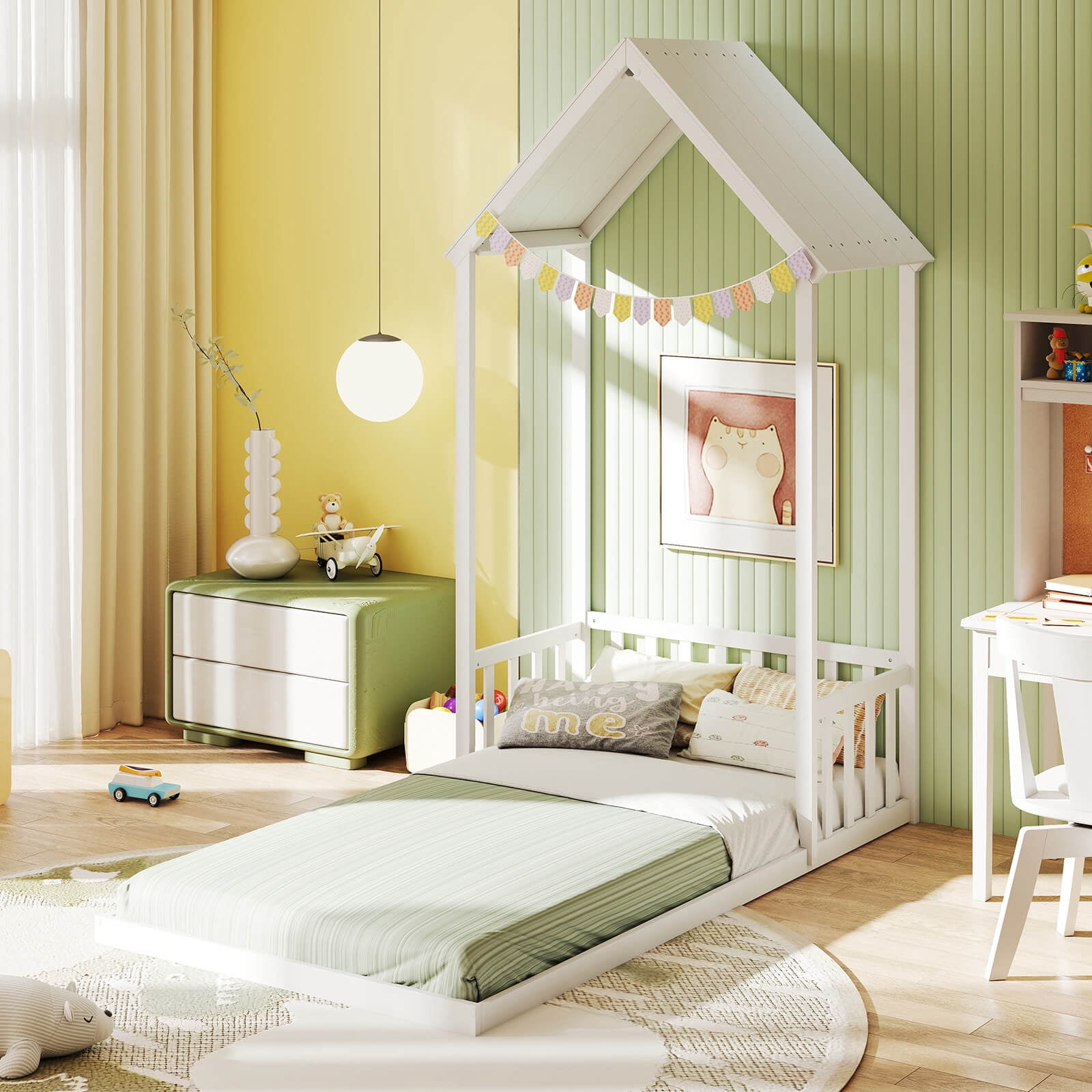 Costway Twin Size House Bed Montessori Floor Bed with House Shape Roof & Semi-Fence White
