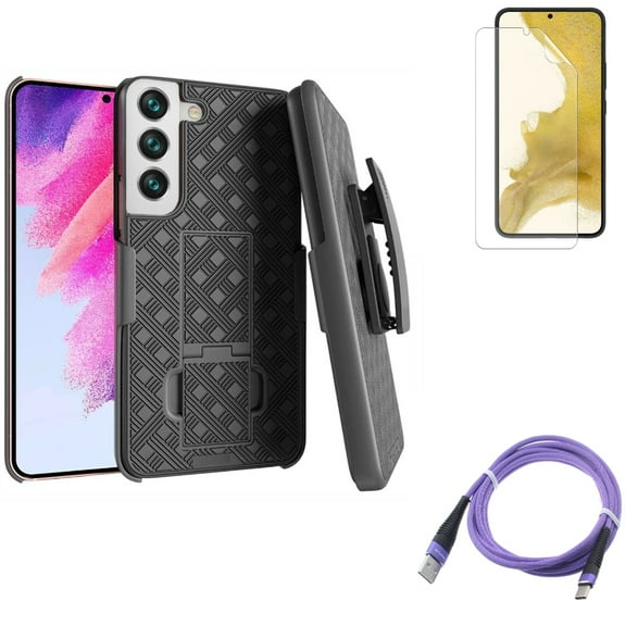6ft USB Cable & Matte Screen Protector & Case Belt Clip for Samsung Galaxy S22 (6.1") - Purple Type-C & TPU Film Anti-Glare & Holster Swivel Accessory Bundle
