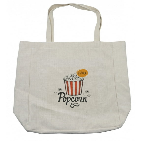 Movie Theater Shopping Bag, Sketch Design Cinema Snack US Fast Food Pop Corn Art, Eco-Friendly Reusable Bag for Groceries Beach and More, 15.5" X 14.5", Cream, by Ambesonne