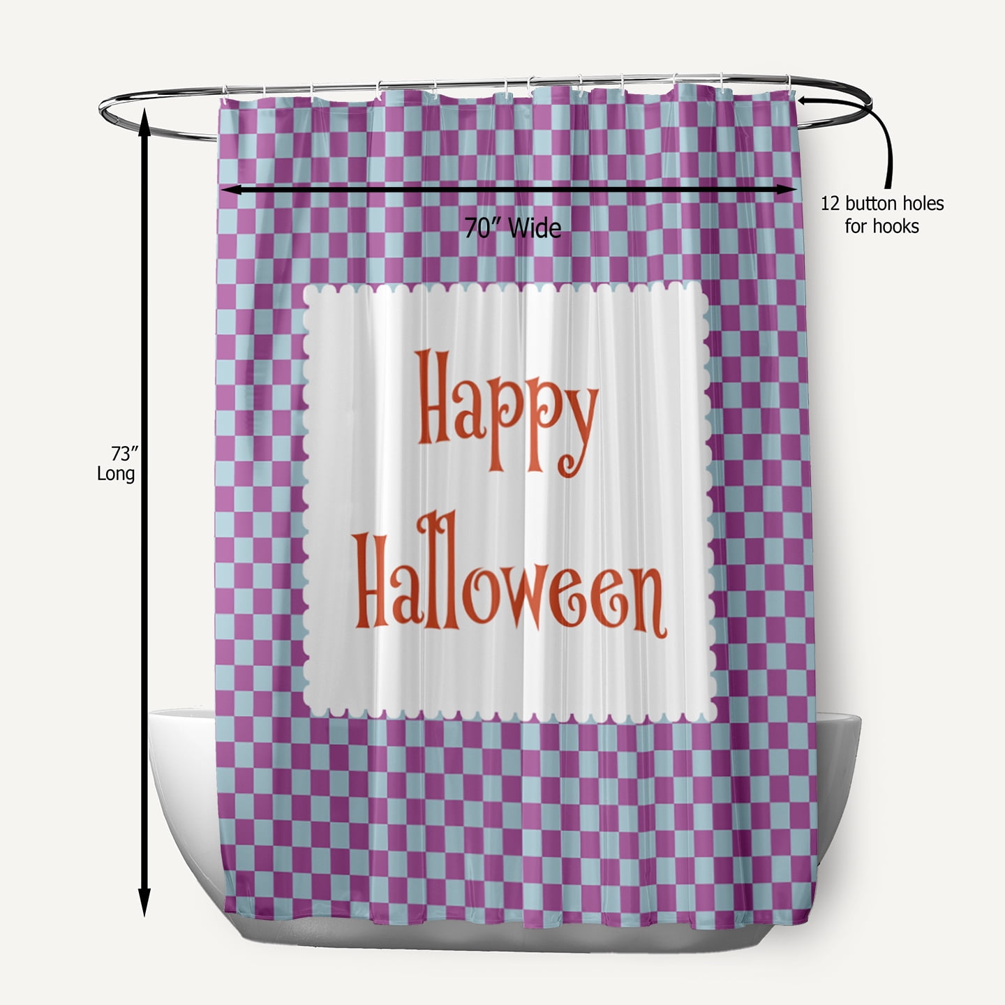 Simply Daisy 70" W x 73" L Halloween Happy Halloween Checks Polyester Shower Curtain, Orchid [1 Ct]