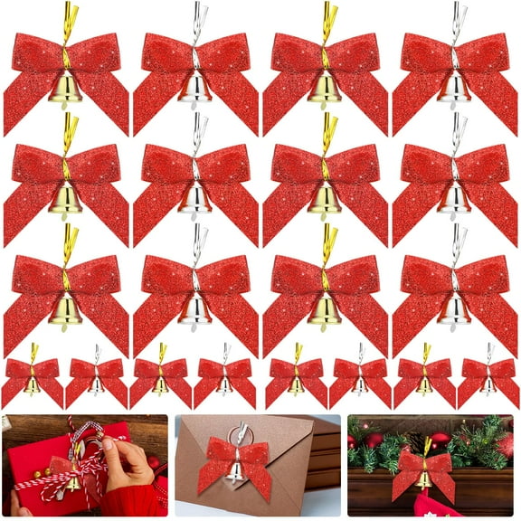 36 Pcs Christmas Mini Bows with Bells 2 x 1.5 inch Glitter Bows Christmas Tree Decorations Christmas Bows for Gift Wraps Premade for Christmas Wreath Ornaments Crafts, Red