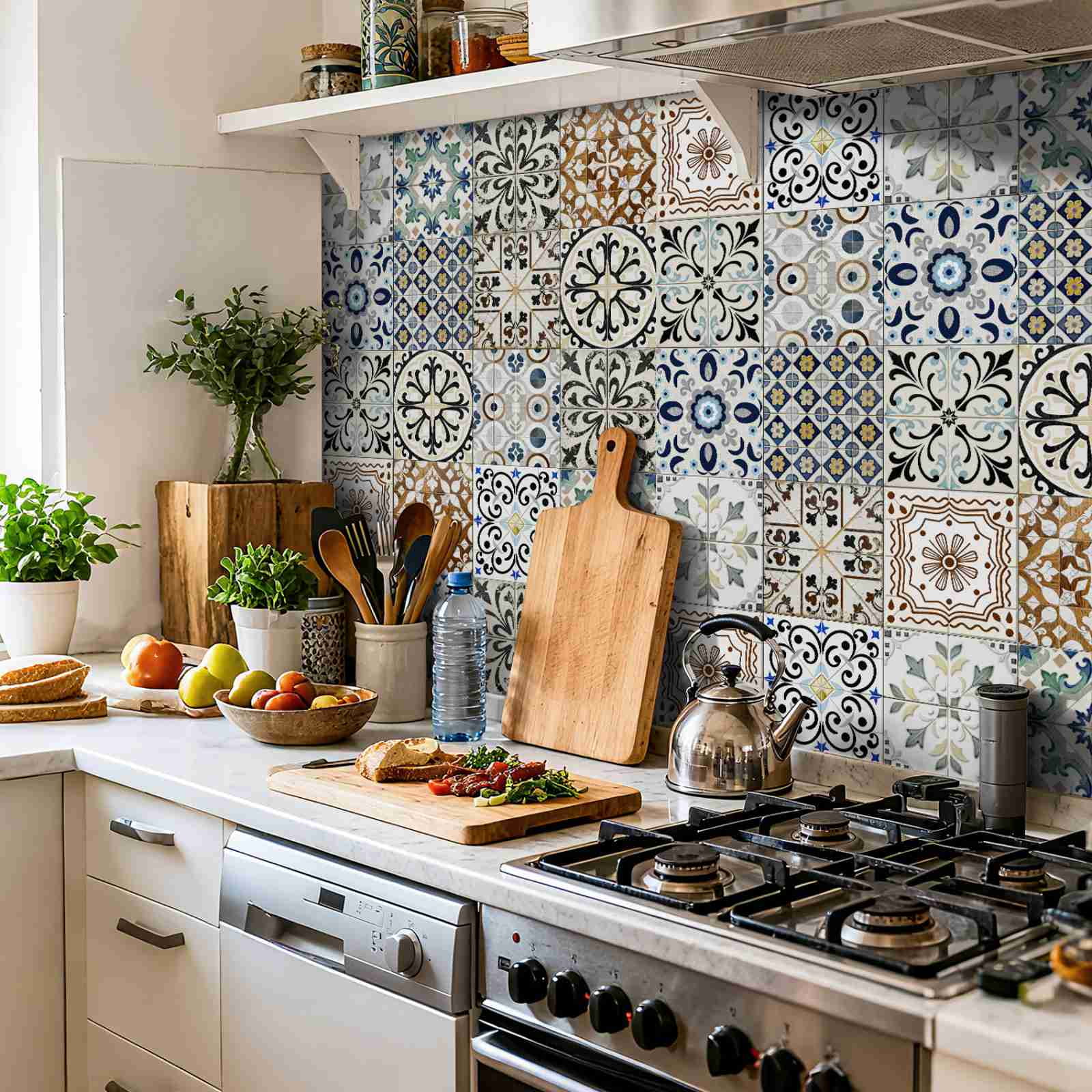 24PCS Mediterranean Style Peel and Stick Wall Tile Decals - 6"x6" Vintage Waterproof Vinyl Moroccan Bohemian Stickers for Kitchen Backsplash, Bathroom, Stair Riser Decor