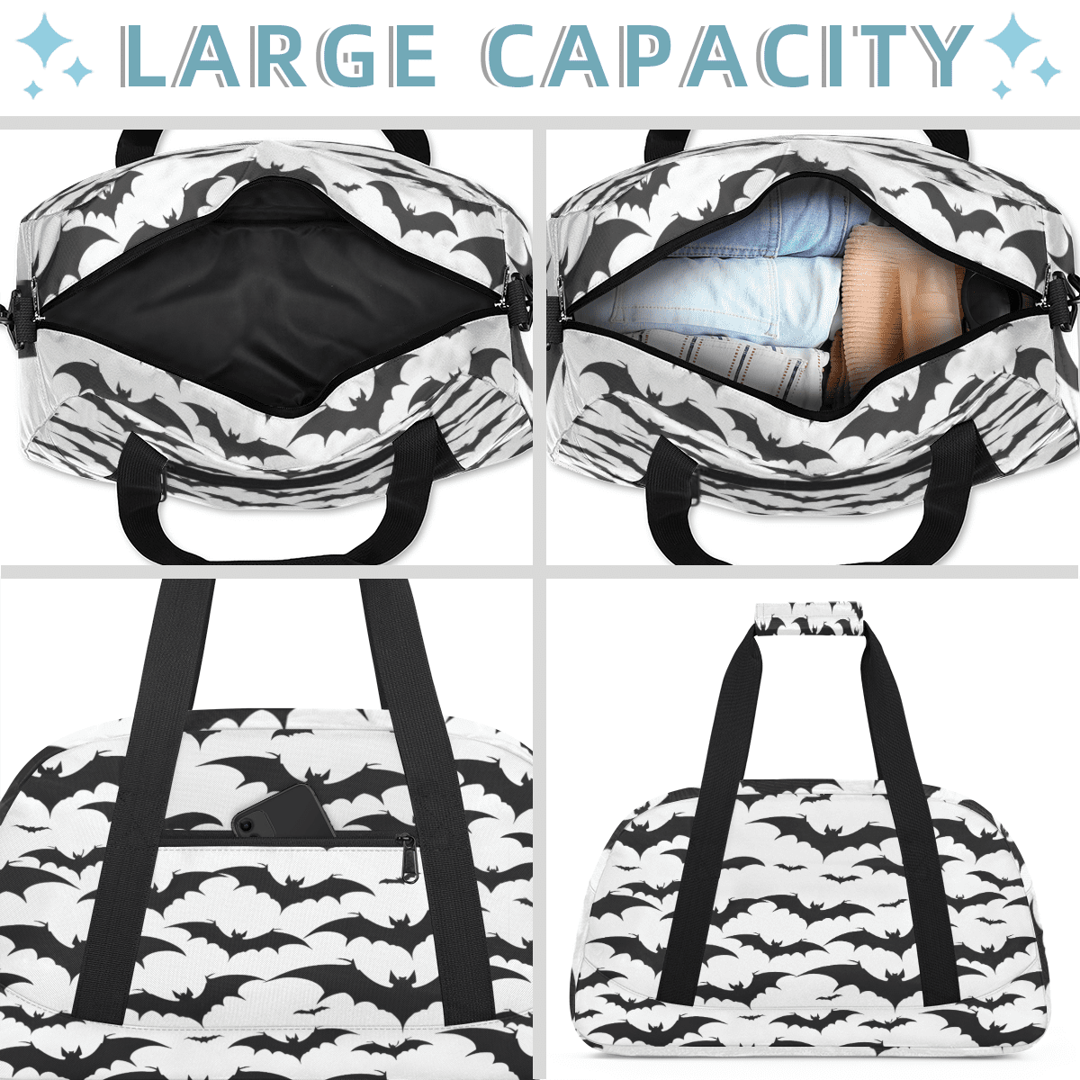 Herdesigns Halloween Bat Sports Duffle Bag for Women & Men, Black and White Bat Gym Bag Dance Bag Overnight Bag Carry On Weekender Travel Bag