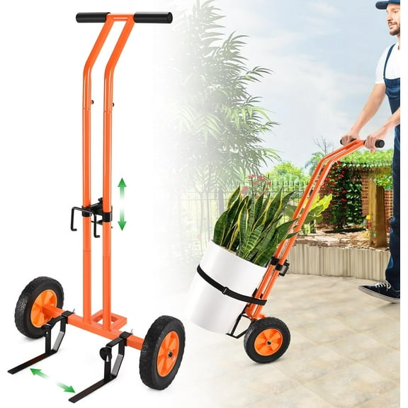 Heavy-Duty Plant Mover Cart with Adjustable Grabbing Arm, Strap, and Suction Cups 175 lb Capacity T-Handle Dolly, Orange, Industrial Style