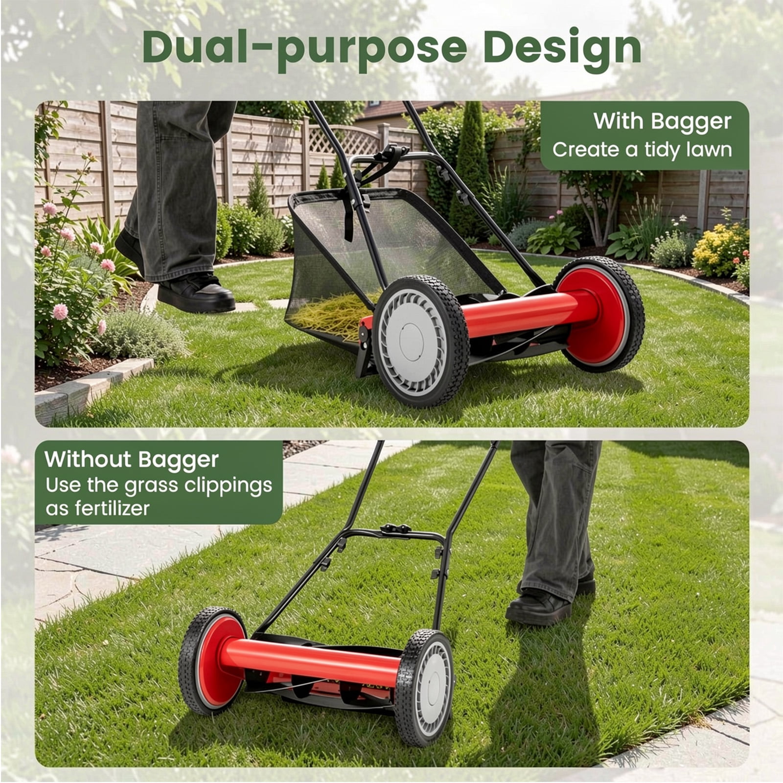 Biotree 16 Inch Push Lawn Mower with 5 Steel Blades and Grass Catcher Bag-Red Manual Reel Eco-Friendly