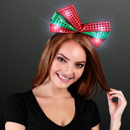 FlashingBlinkyLights Sequin Light Up Green & Red Christmas Bow Headband