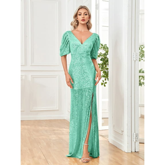 Evening Dress Wedding Dress Wedding Guest Dresses for Women sexy V-neck sequin floor dress elegant five-point bubble sleeve split party dress