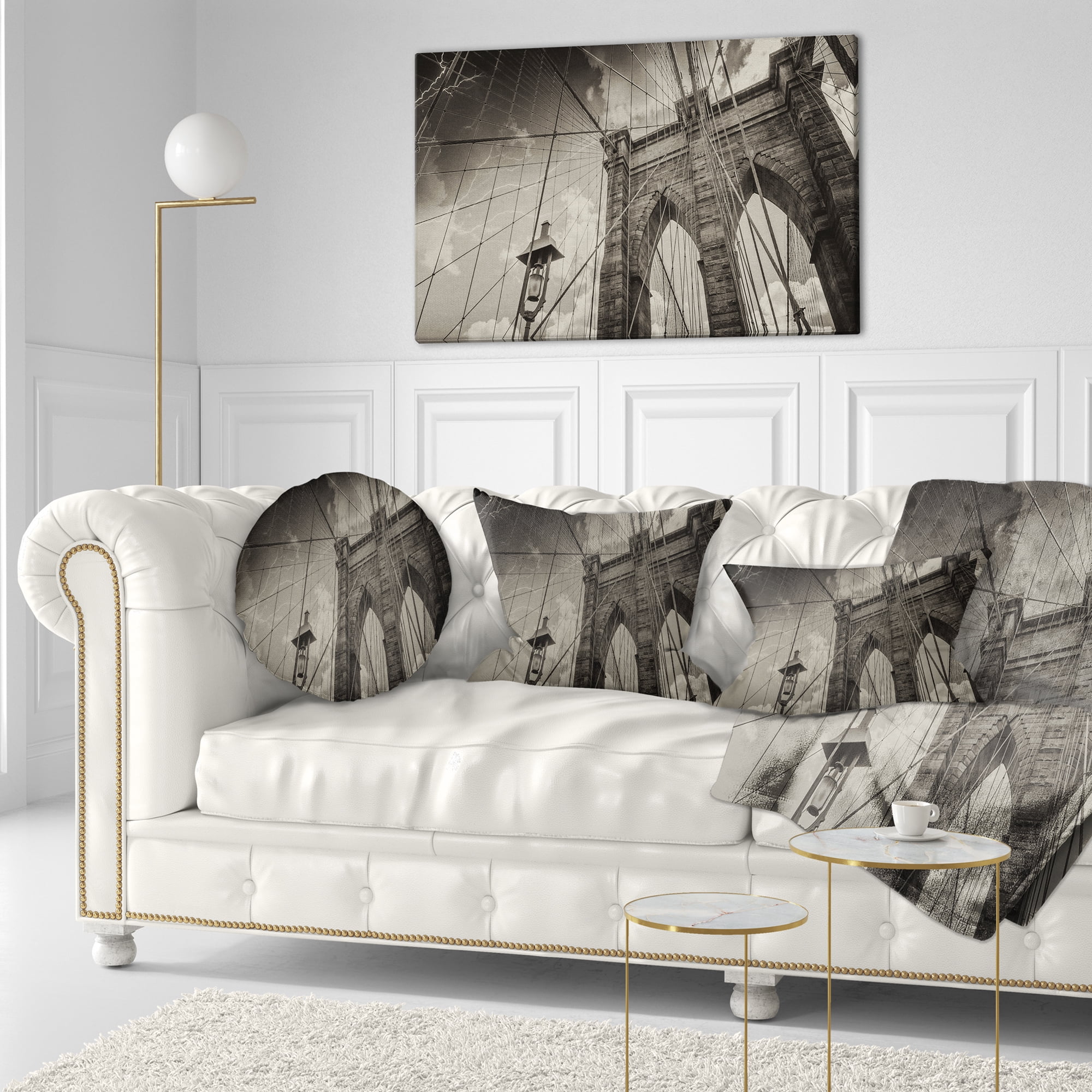Designart Upward View of Brooklyn Bridge - Cityscape Photo Throw Pillow - 12x20
