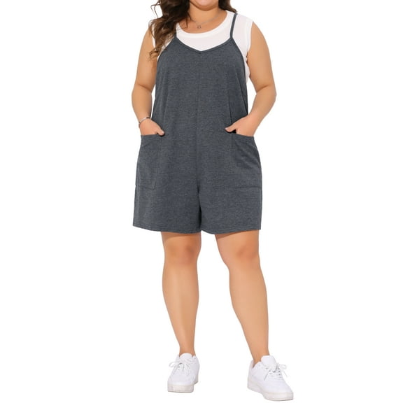 FAB CURVES Plus Size Romper for Women 2025 Summer Casual Sleeveless Spaghetti Strap Shorts Overalls Jumpsuit 1X Grey