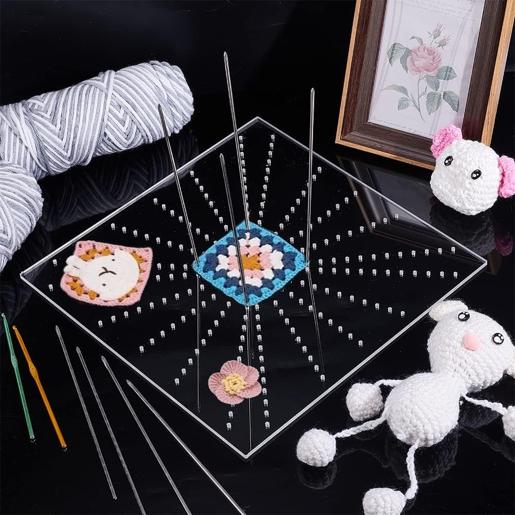 Crochet Blocking Board Clear Acrylic Blocking Boards with Stainless Steel Pins for Granny Squares Lovers Gifts for Making Cushions Scarves Hats Headbands Shawl 11.8x11.8