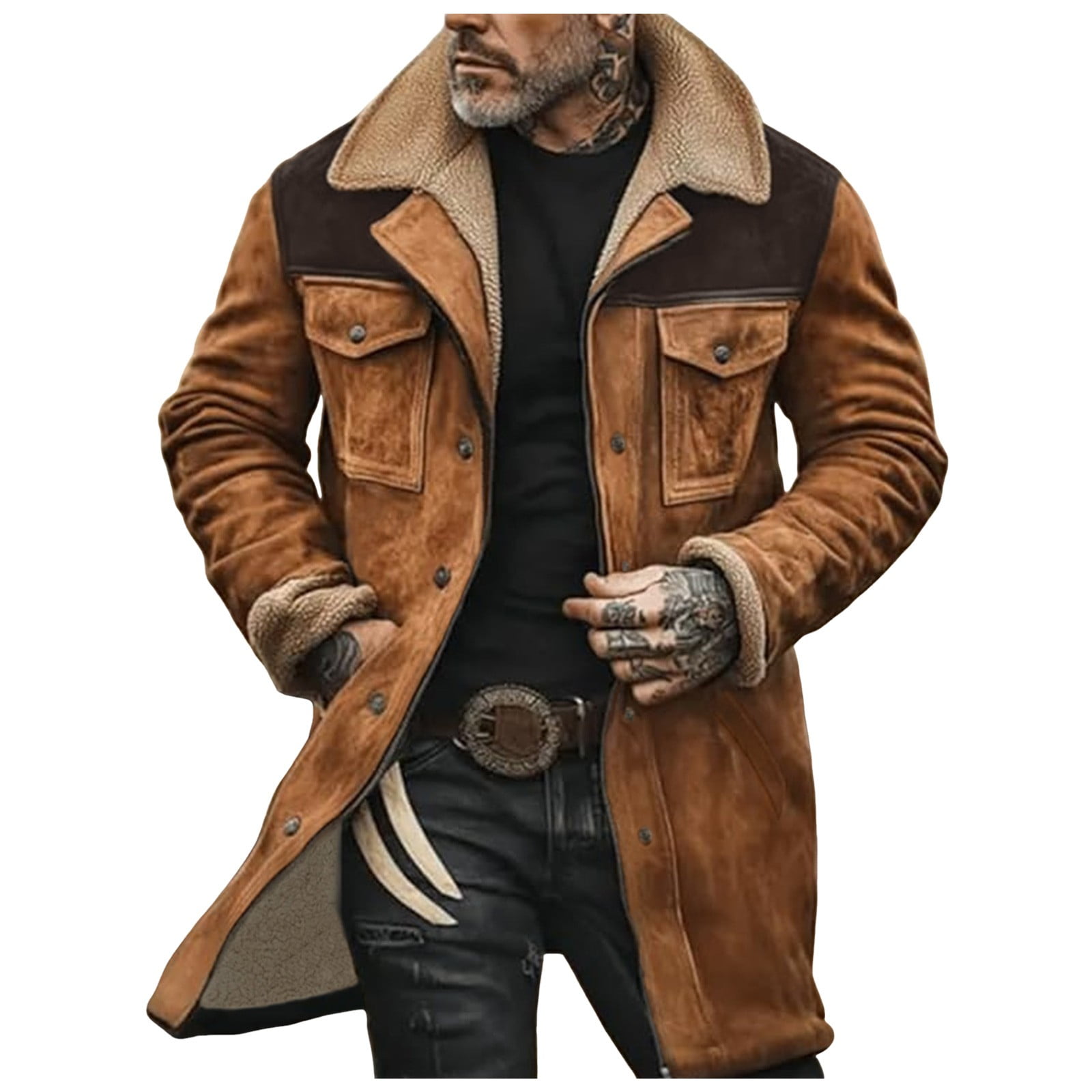 Suede Leather Jacket Men Winter Fur Shearling Duster Coat Retro