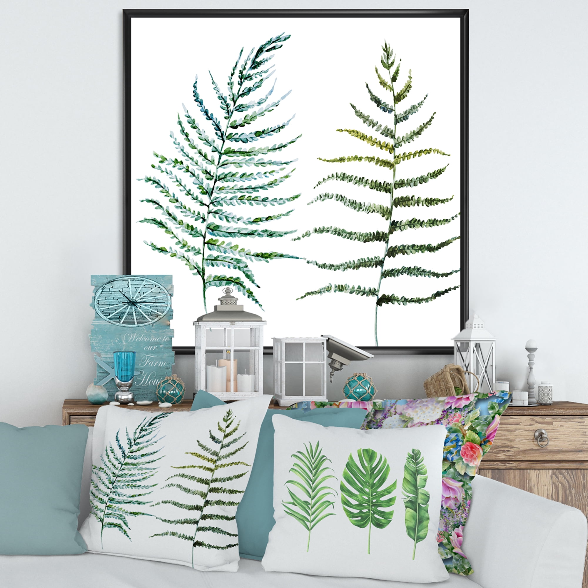 Designart 'Two Fern Leaves On White' Farmhouse Framed Canvas Wall Art Print
