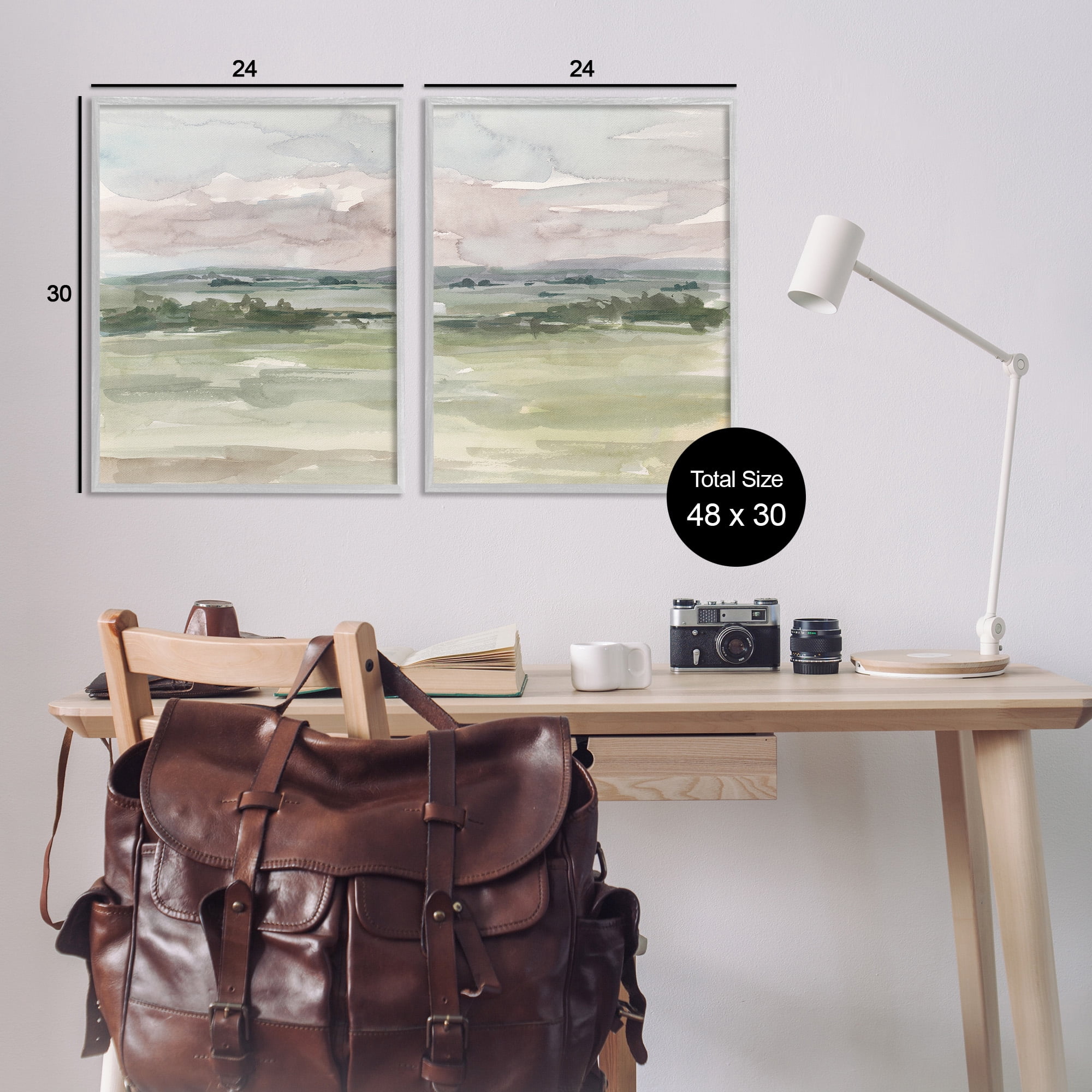 Stupell Industries Rural Landscape Watercolors Landscape Painting Gray Framed Art Print Wall Art, 24 x 30, Set of 2