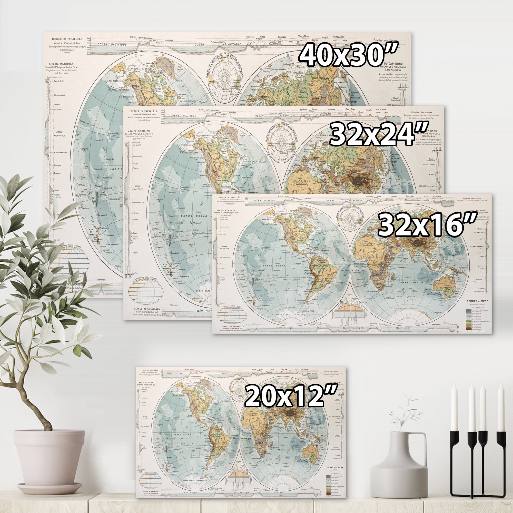 Designart ' Ancient World Map II ' Rustic Canvas Wall Art Print