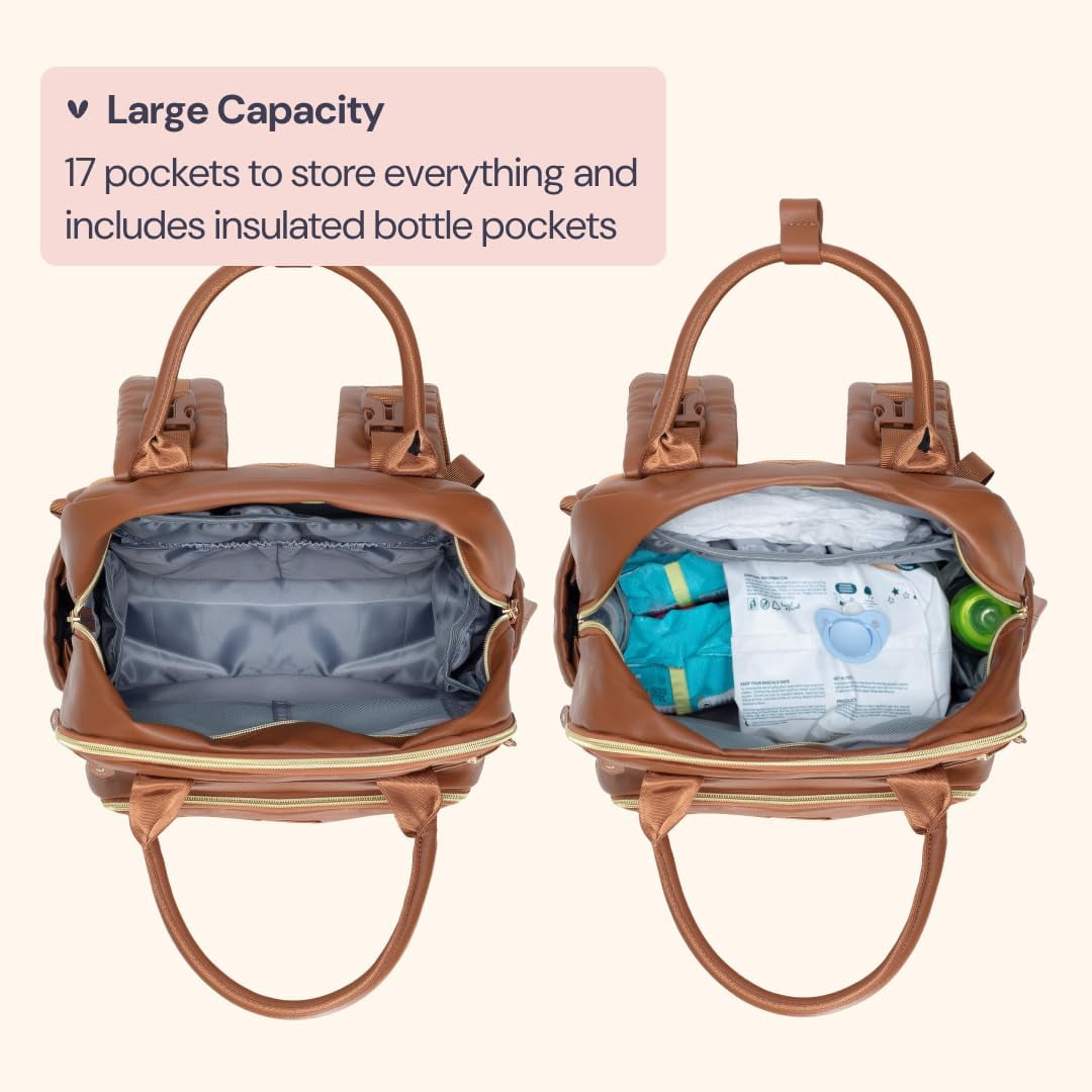 BabbleRoo Diaper Bag Backpack, Multifunction Original Baby Diaper Bag with Insulated Pockets, Vegan leather, Brown