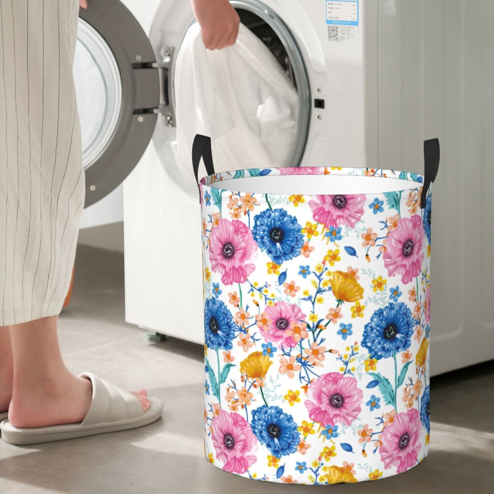 Large Laundry Basket with Handles - Blue Pink Yellow Rose Flowers Kids Baby Dirty Clothes Laundry Hamper for Bedroom Aesthetic