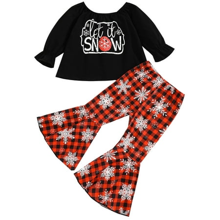 

Canrulo 2PCS Toddler Infant Baby Girl Christmas Off-Shoulder Letter Print Long Sleeve Tops Snowflake Pant Black 18-24 Months