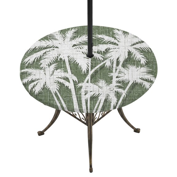 Outdoor Tablecloth with Umbrella Hole and Zipper Summer Tropical Palm Leaves Round Fitted Table Cover with Elastic Waterproof Coastal Green Linen Patio Tablecloths for Picnic BBQS Garden Fit 55"-60"