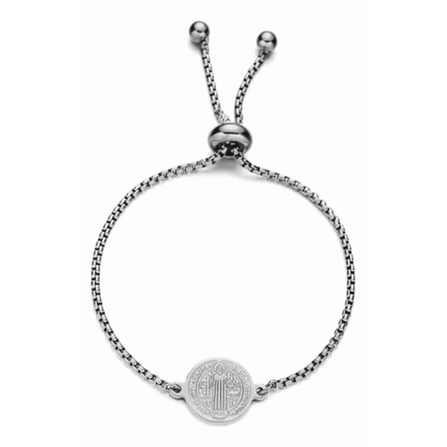 Pulsera Ajustable Con Medalla San Benito Para Hombre Mujer 26 Cm Xtellar Plateado