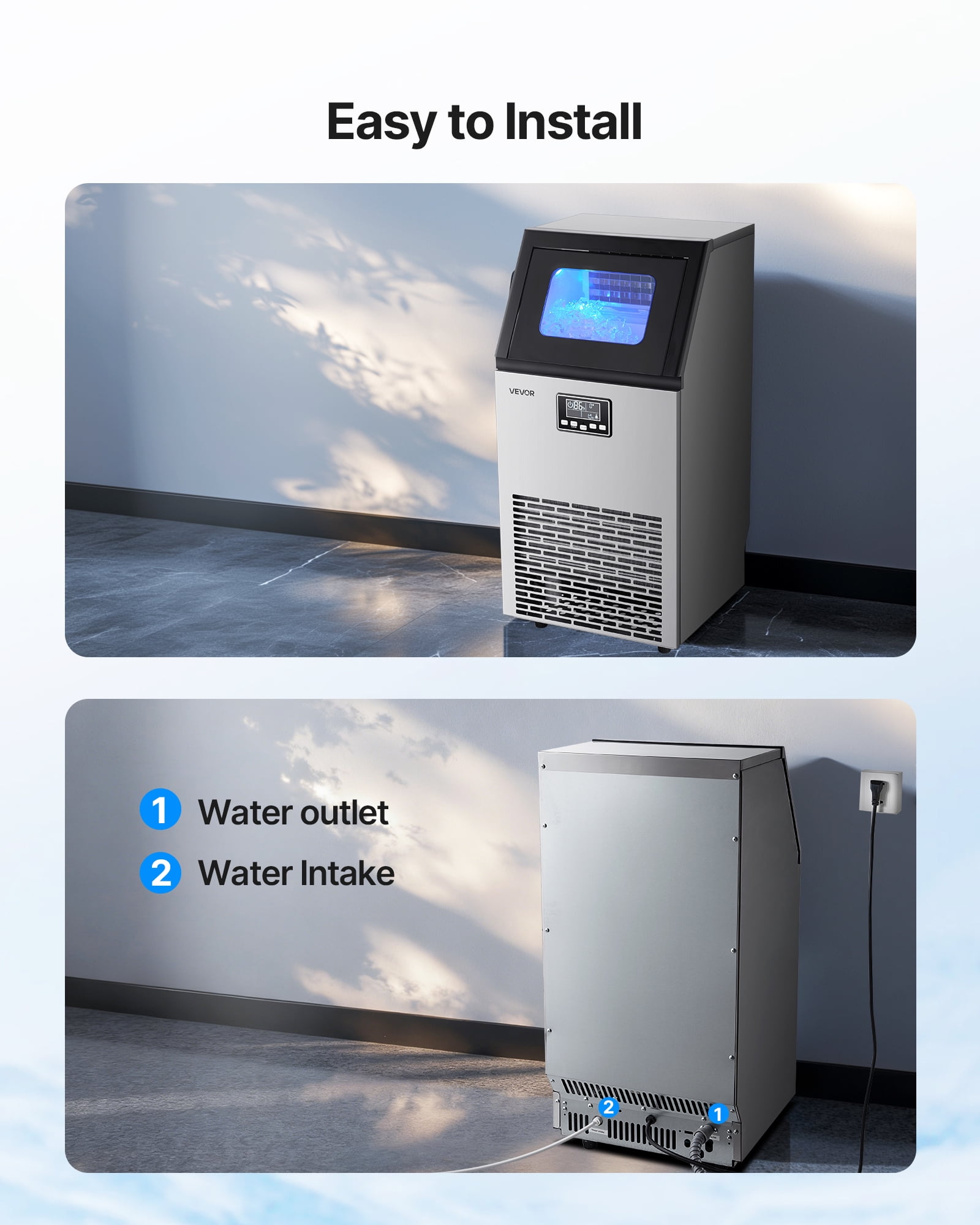VEVOR Commercial Ice Maker Machine, 100 lbs/24h with 28Lbs Storage, 45 Cubes per Cycle, Stainless Steel Freestanding & Under Counter Ice Maker with LED Display & Self-Cleaning,for Home Bar Restaurant