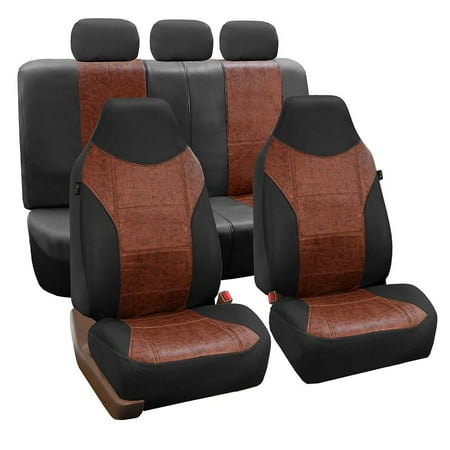 Side Split Full Leather FH Group Black and Brown Textured Leather Seat Covers, Side Airbag Compatible, with Split Bench Function, Full Set. ()