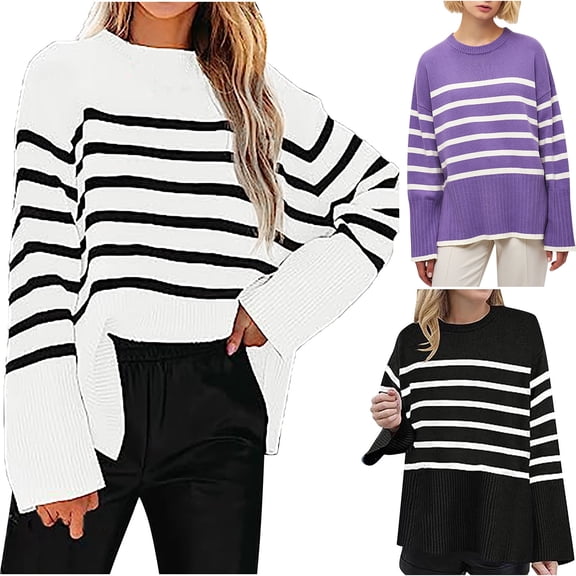LOVZFMLL Sweaters for Women, Crew Neck Ribbed Pullover Striped Fashion Casual Basic Everyday Cozy Loose Tops Warm Fall Winter Clothes