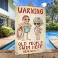 thumbnail image 4 of Funny Metal Pool Sign "Old People Swim Here" - Vintage Rustic Wall Decor for Pool, Patio, Humorous Outdoor Sign with Retro Design and Playful Characters, Summer Artwork Decor, 8x12 Inch, 4 of 9