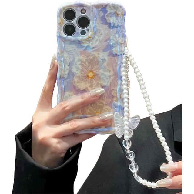 Funda para iPhone 13 Pro Max con flores moradas, a prueba de golpes, con purpurina y estampado floral, con pulsera de cadena de perlas, mariposa y corazón para mujer.