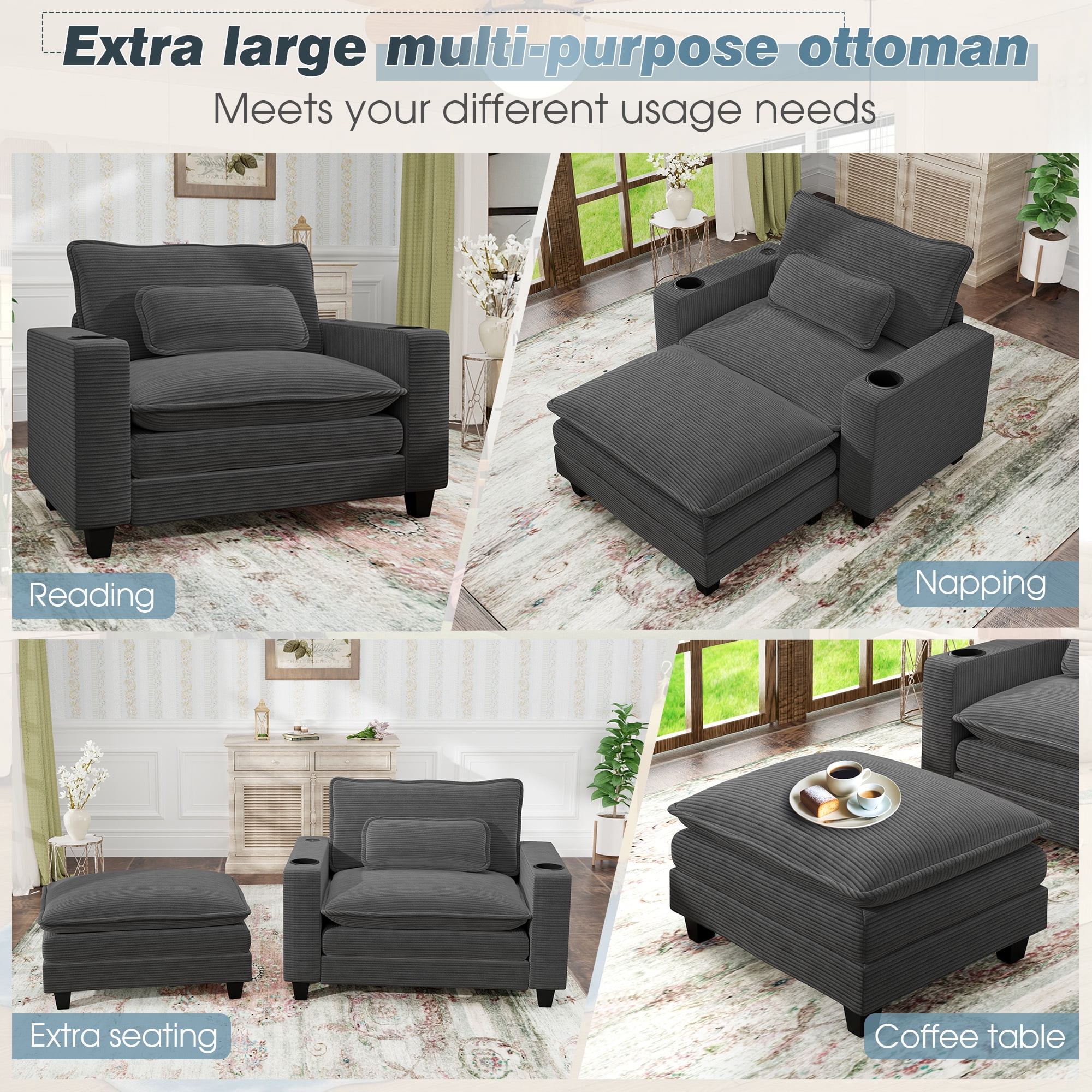 Lunale Oversized Lounge Chair & Ottoman Set - 45.5" Cloud Corduroy Accent Armchair with USB/Cup Holder for Modern Living/Bedroom, Dark Gray