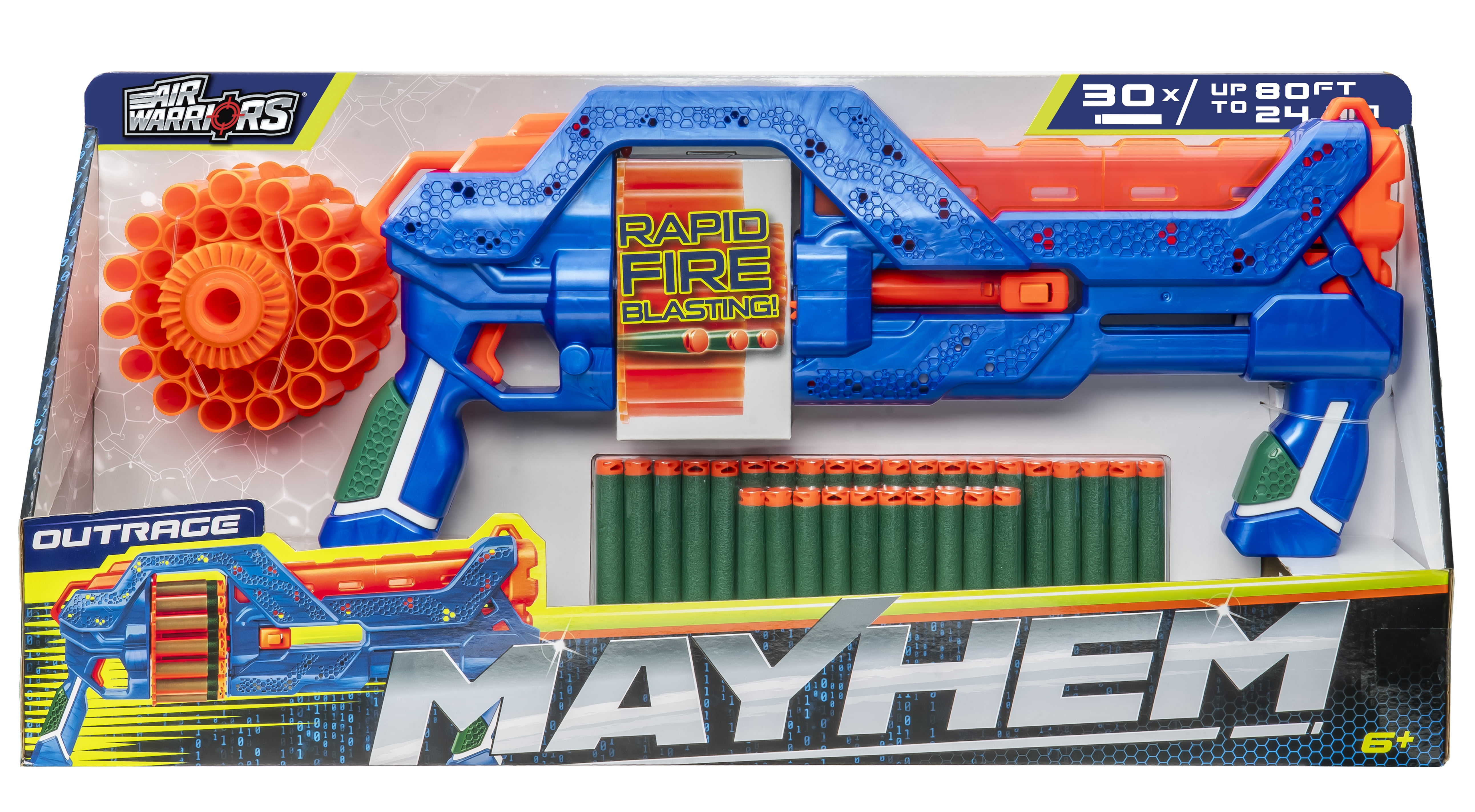 Air Warriors Mayhem Outrage 30-Dart Drum Pump Action Dart Blaster with 30 Accu-Blast™ Darts, Shoots Up to 80 Ft, Ages 6+