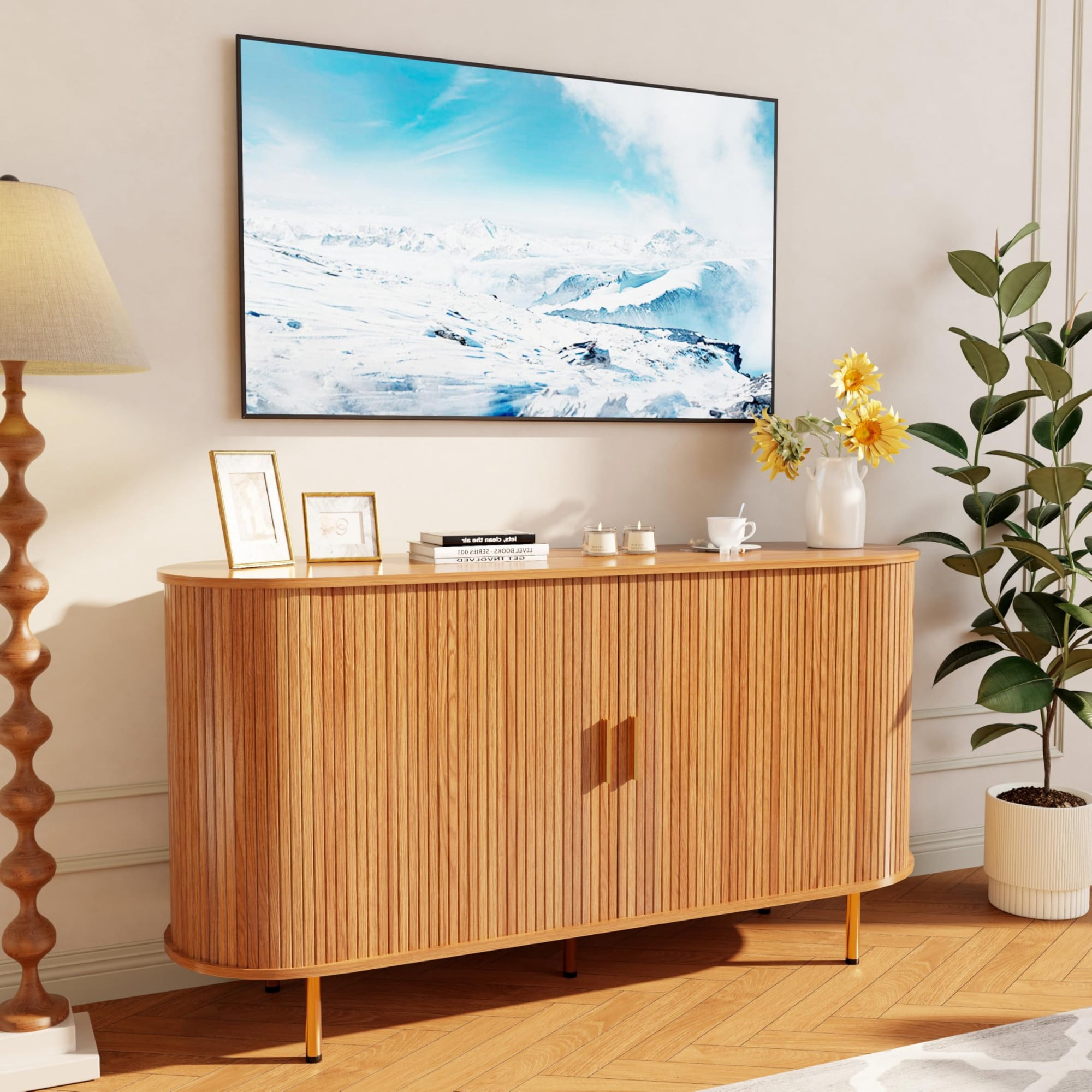Mid Century Modern Sideboard Buffet Cabinet, 55 Inch Fluted Coffee Bar Console with Tambour Sliding Doors, Yellow