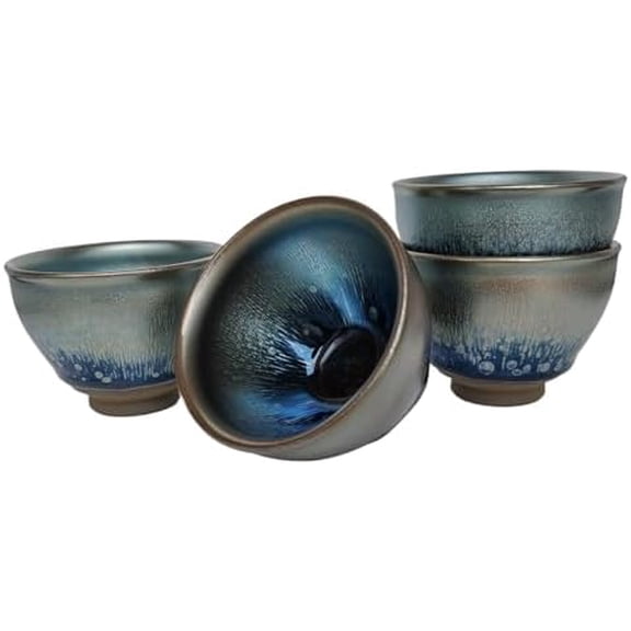 Jianzhan Teacup with Starry Sky Pattern, Small Japanese Style Tea Cups, Mini Ceramic Espresso Cups, Yerba Mate Cup Set of 4
