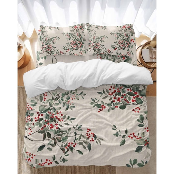 Berry Watercolor Leaf Bedding Duvet Cover Set Full Size 4 Pieces Christmas Winter Xmas Beige Linen Bedding Set with Zipper Closure, 1 Comforter Cover 86x86 Inches 1 Flat Sheet & 2 Pillow Cases