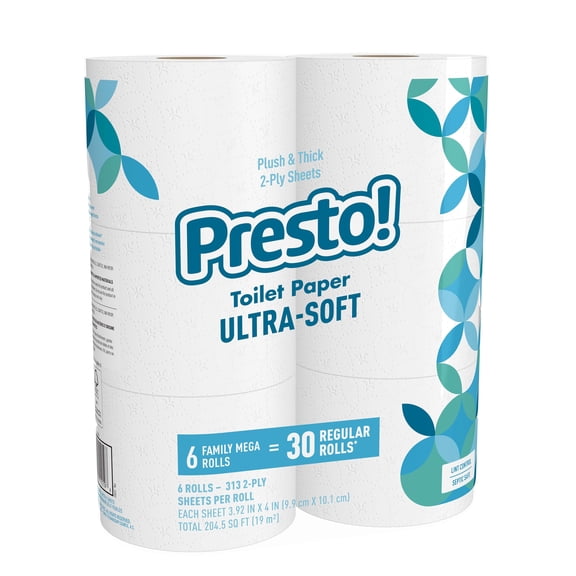 Papel higiénico Presto! de 2 capas, ultra suave, 6 rollos mega