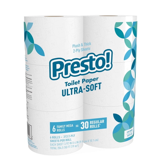 Papel higiénico Presto! de 2 capas, ultra suave, 6 rollos mega