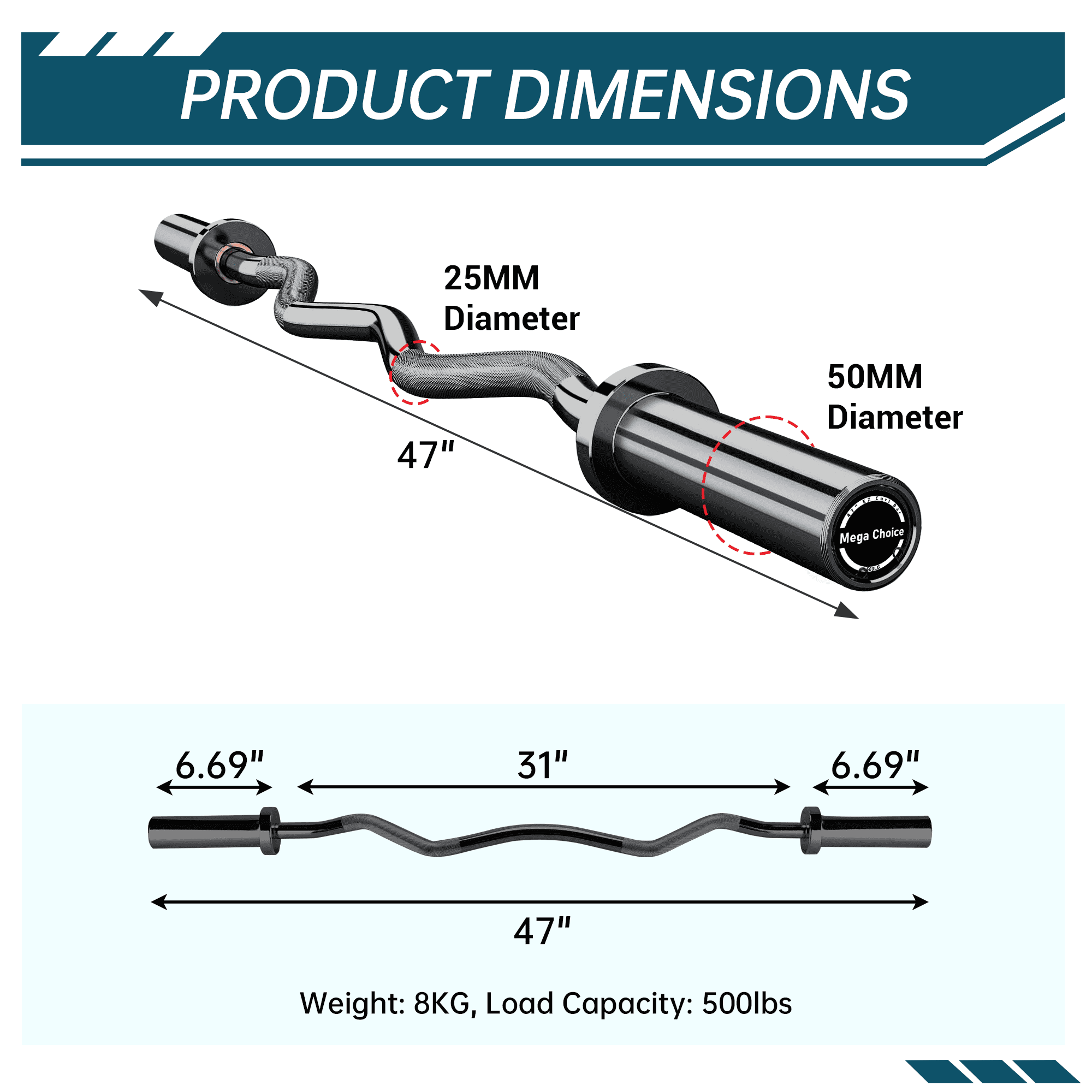 47" EZ Curl Bar, 500 LBS Weight Capacity Barbell Curl Bar with 2 Clips for Weight Lifting, Strengths Training, Deadlifts, Suitable for 2 Inch Weight Plates, Black