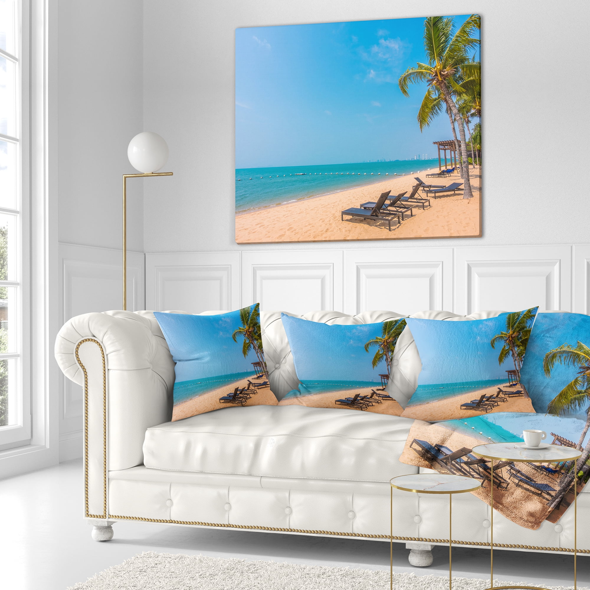 Designart Blue Beach with Palm Trees - Seashore Photo Throw Pillow - 18x18