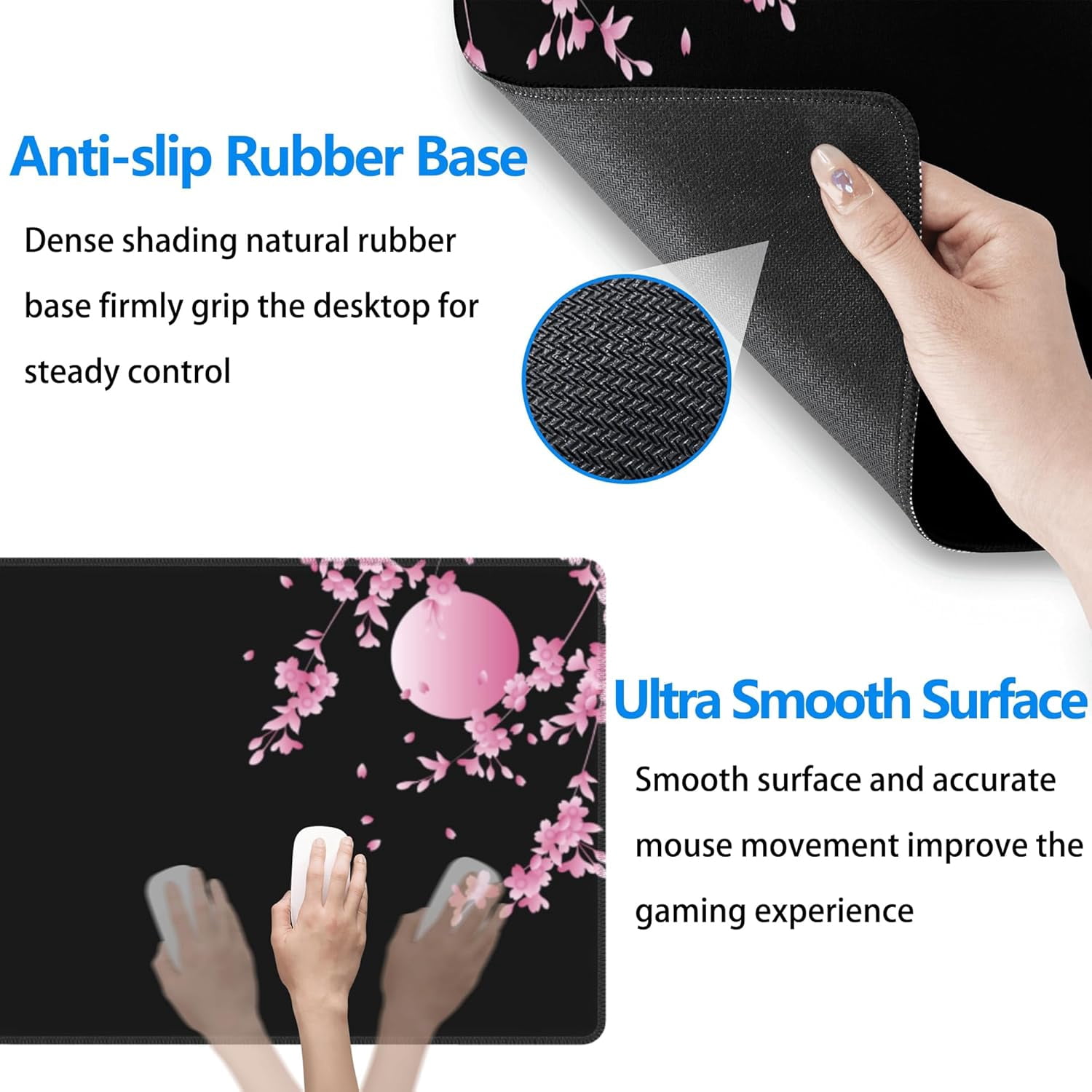Japanese Cherry Blossom Gaming Mouse Pad Black Desk Mat, Long 31.5x11.8 Inch, Extended Big Desk Pad, Pink Flower Mousepad, NonSlip Base, Stitched Edges for Work Gaming Office