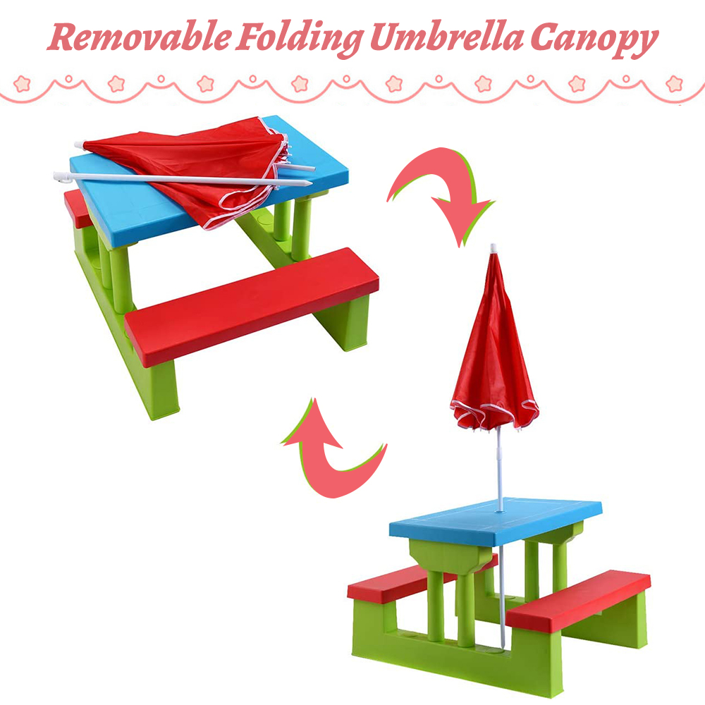 Kids Picnic Tables Set, BTMWAY Indoor Outdoor Childrens Table and Chair Set, Portable Kids Picnic Table with 2 Benches, Removable Umbrella, Kids Picnic Table Set for Garden Backyard Patio, R2118 - image 2 of 8