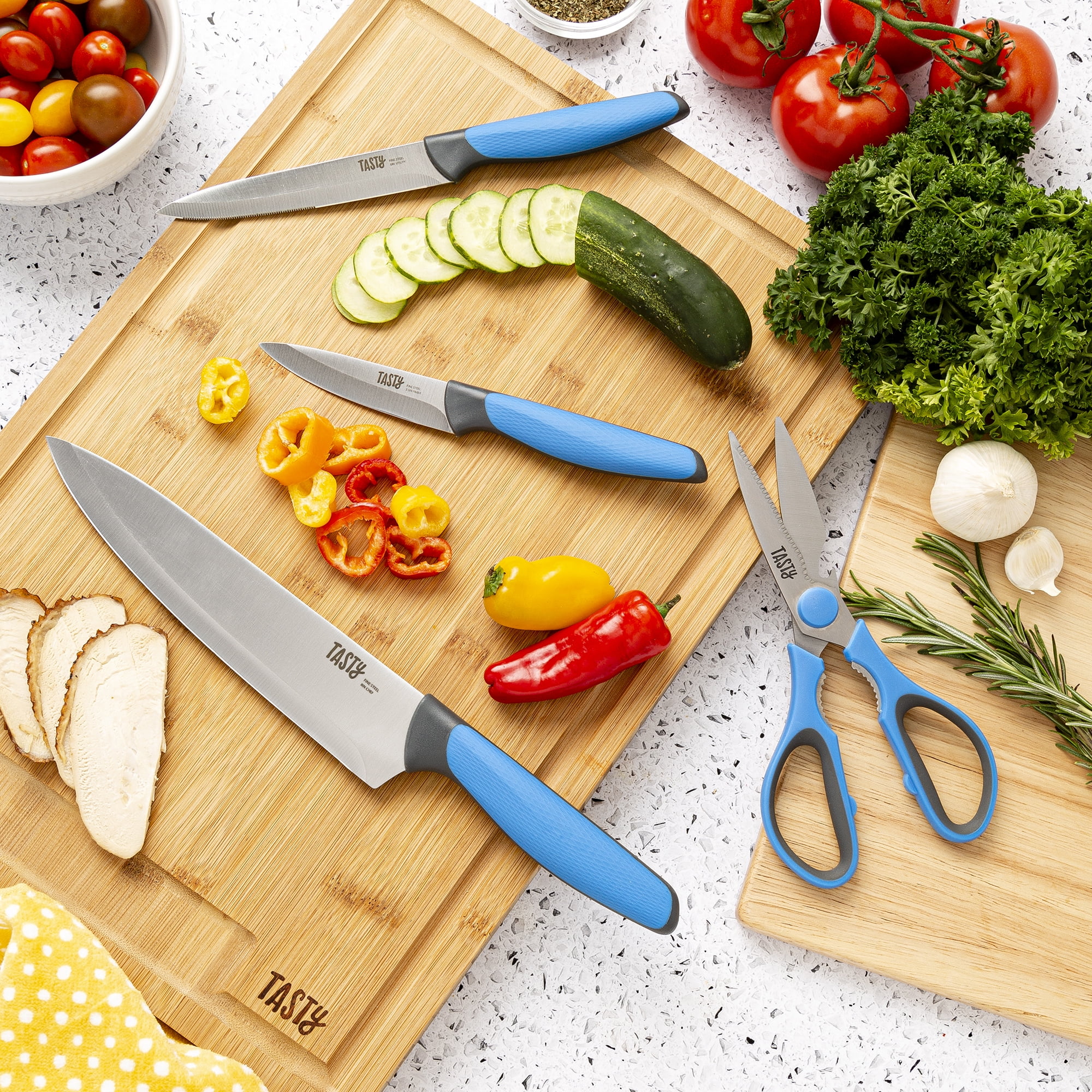 Tasty Stainless Steel Chef Knife Cutlery Set with Shears, Royal Blue, 4 Piece