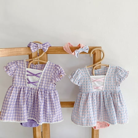 

MyBeauty 2Pcs/Set Romper Grids Print Breathable Cotton Baby Girls Bodysuit Headband Suit for Summer Purple 90cm