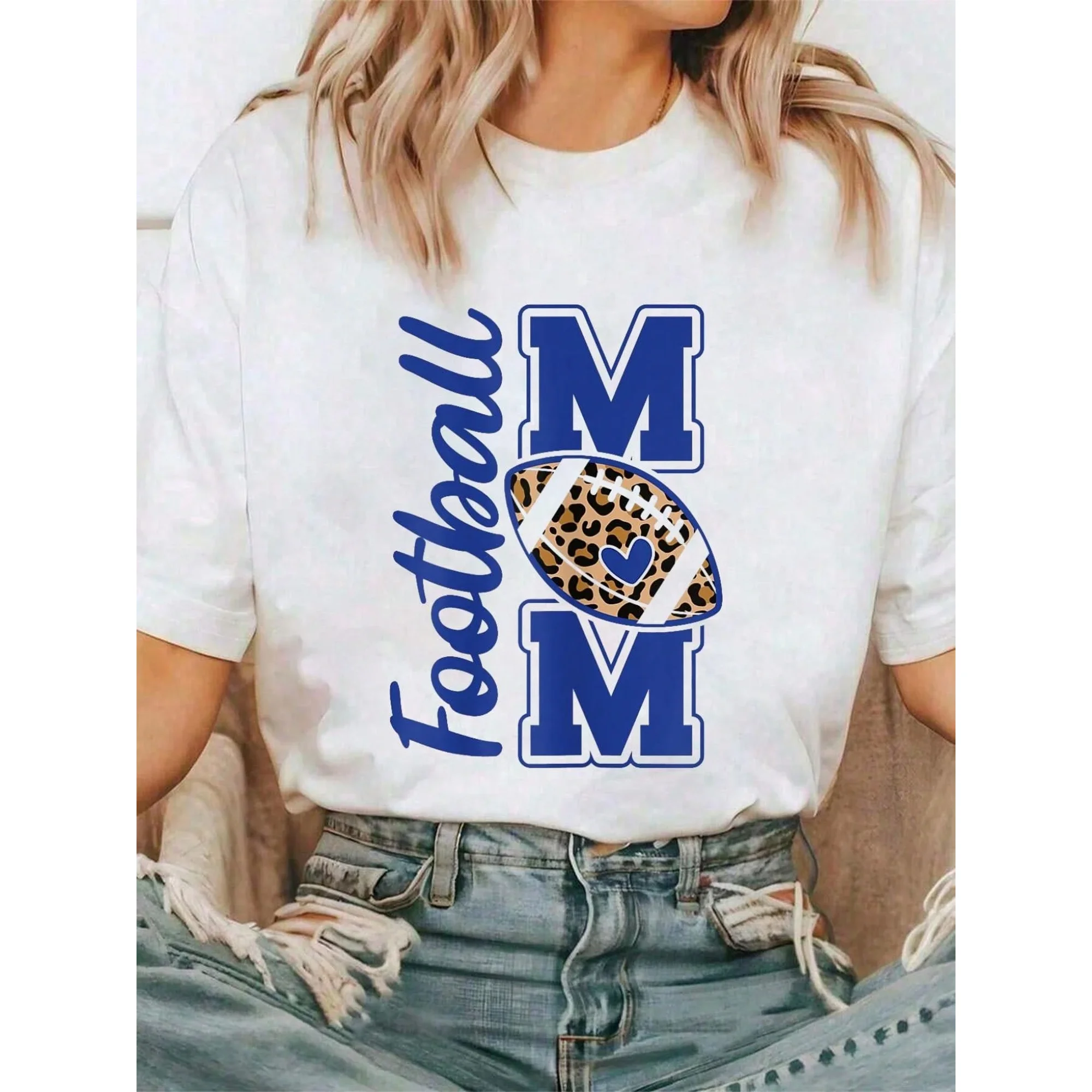 Game Day Leopard White And Blue High School Football Mom T-Shirt Tee Shirts Women