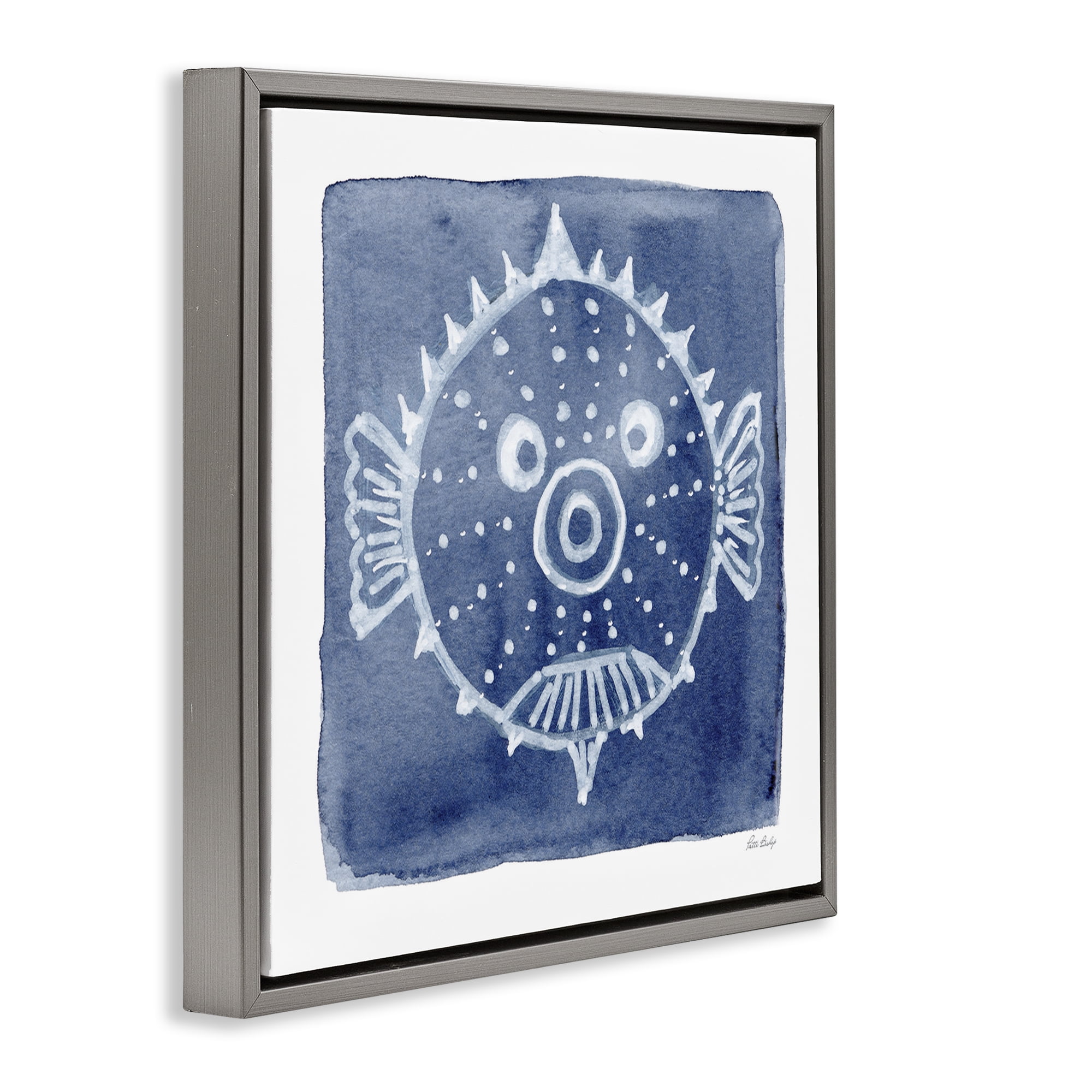 Stupell Industries White Blow Fish on Indigo Gray Framed Floater Canvas Wall Art, design by Patti Bishop
