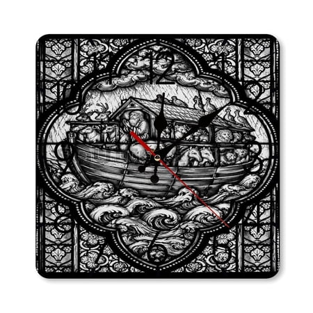 RKSupls 10×10inch Square Silent Wall Clock Wooden Frame, Stained Glass Noah Rain Animals Scale Decorative Clock for Home Bedroom Living Room Office