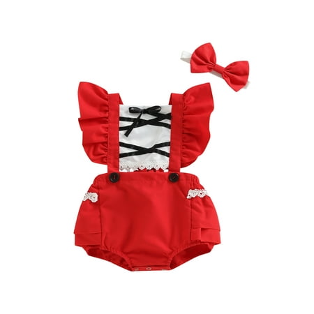 

LWXQWDS Christmas Infant Baby Girls Romper Fly Sleeve Square Neck Ruffle Lace Buttons Jumpsuit + Headband Set Red 18-24 Months