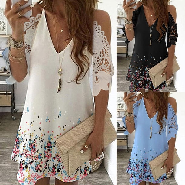 Farfi Mini vestido impreso con cuello en V mujeres fuera del hombro ahuecado el vestido de patchwork para la impresión blanca de la fiesta Farfi Vestido
